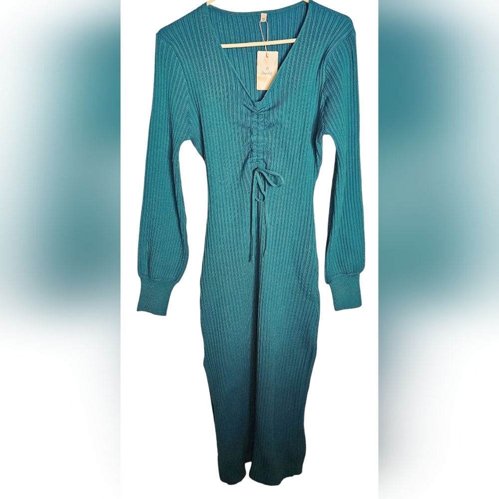 Deep Self Teal Blue Ribbed Knit Ruched Front Long Sleeve V-Neck Sweater Dress-M